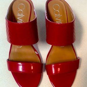 Calvin Klein Shayna red heel sandal size 8. Slip in design. Vamp style. 4”heel.